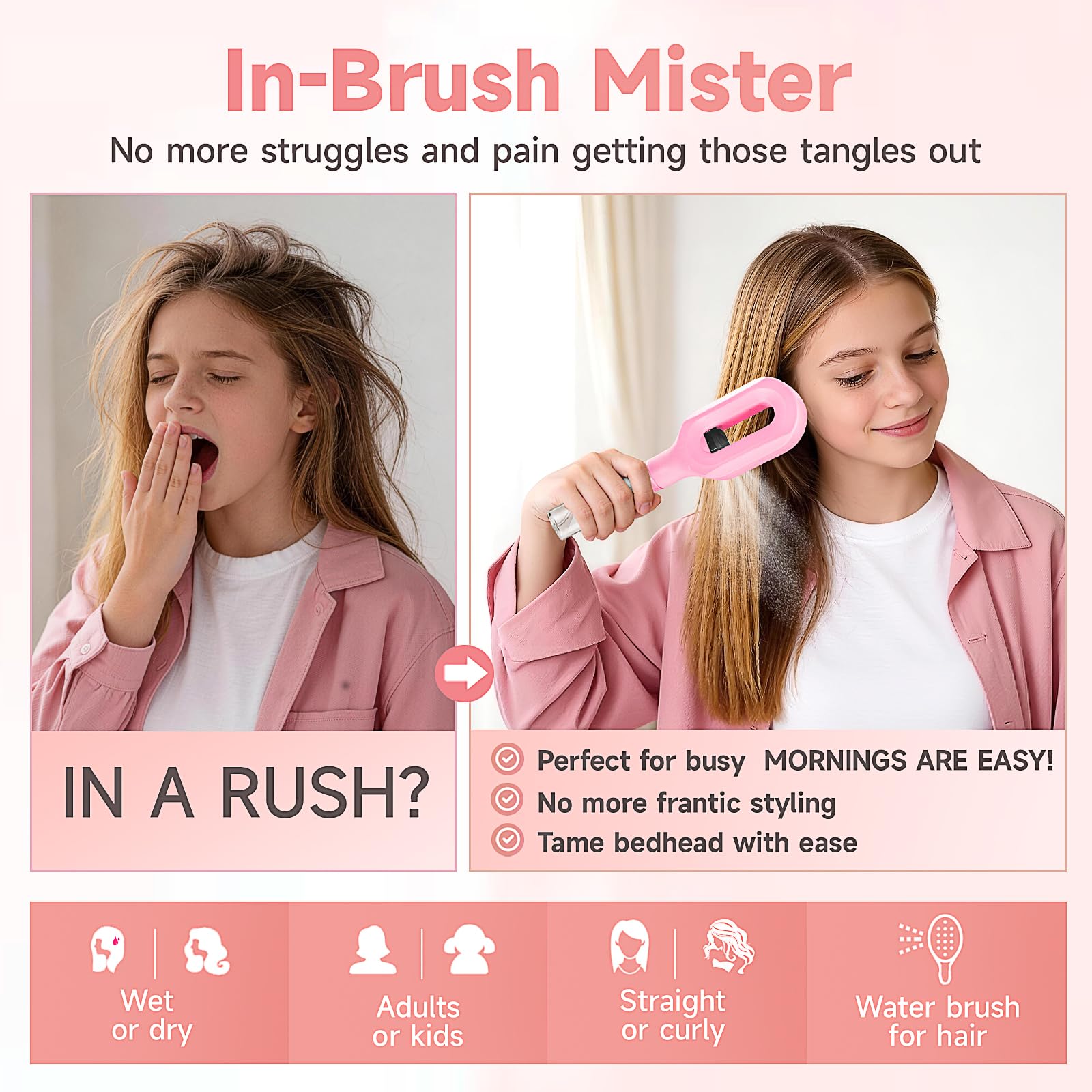 Hairbrush Mister - Hair Mist Sprayer Brush, 2 in 1 Portable Hair Brush with Water Spray for Detangling and Styling